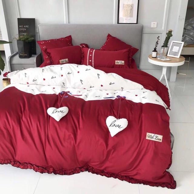 Bộ ga gối lụa tim 6 món hàng đẹp