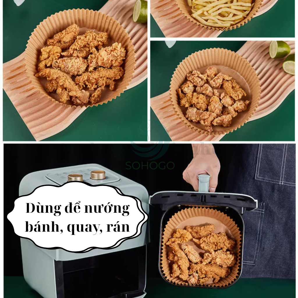 Set 50 Miếng Giấy Lót Nồi Chiên Không Dầu, miếng lót nướng không dính thấm dầu hình tròn đa năng V0060