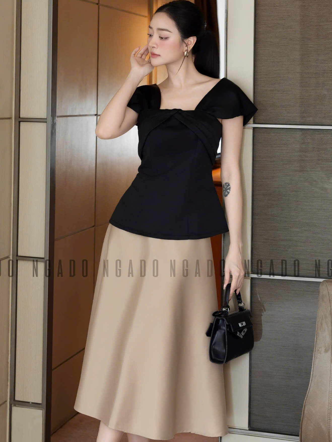 Set áo váy đen nude tay con NGADO , set áo váy , set công sở