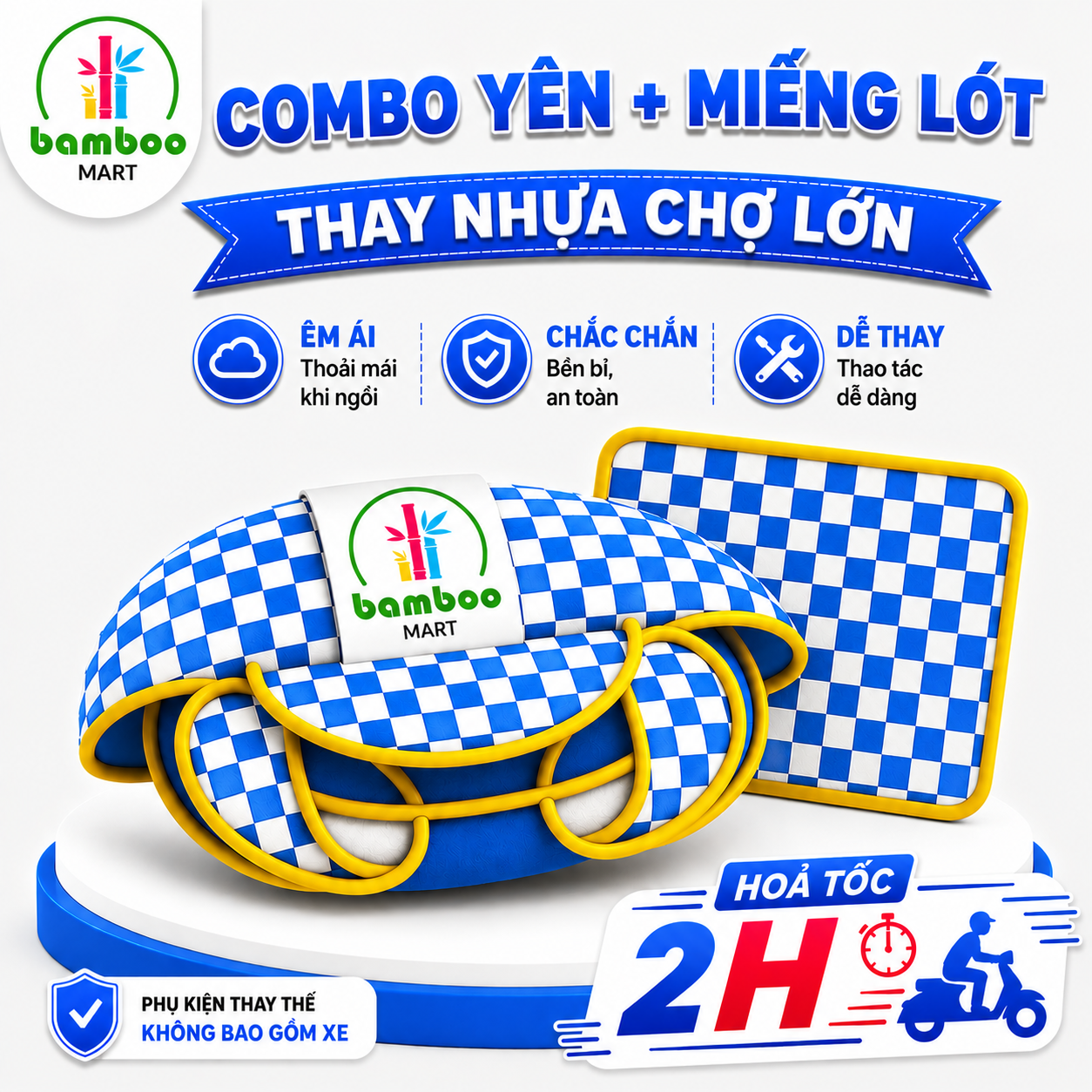 Combo Yên Xe Tập Đi Xanh Dương Kèm Lót Chân – Thay Vừa Xe Nhựa Chợ Lớn