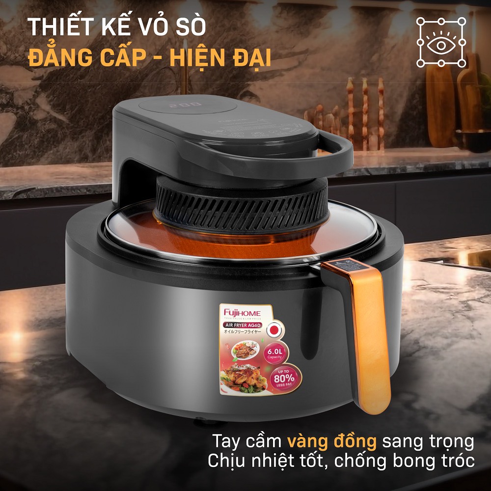 Nồi chiên không dầu 6L nhập khẩu Nhật Bản Fujihome điện tử mặt kính, bếp chiên không khí thế hệ mới - Hàng Chính Hãng