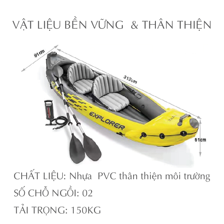 Thuyền hơi Kayak 2 người có mái chèo, thuyền bơm hơi du lịch