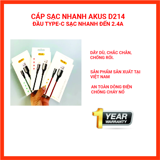 Hàng chính hãng - Dây cáp sạc nhanh  AKUS dây dù cao cấp 1.2m