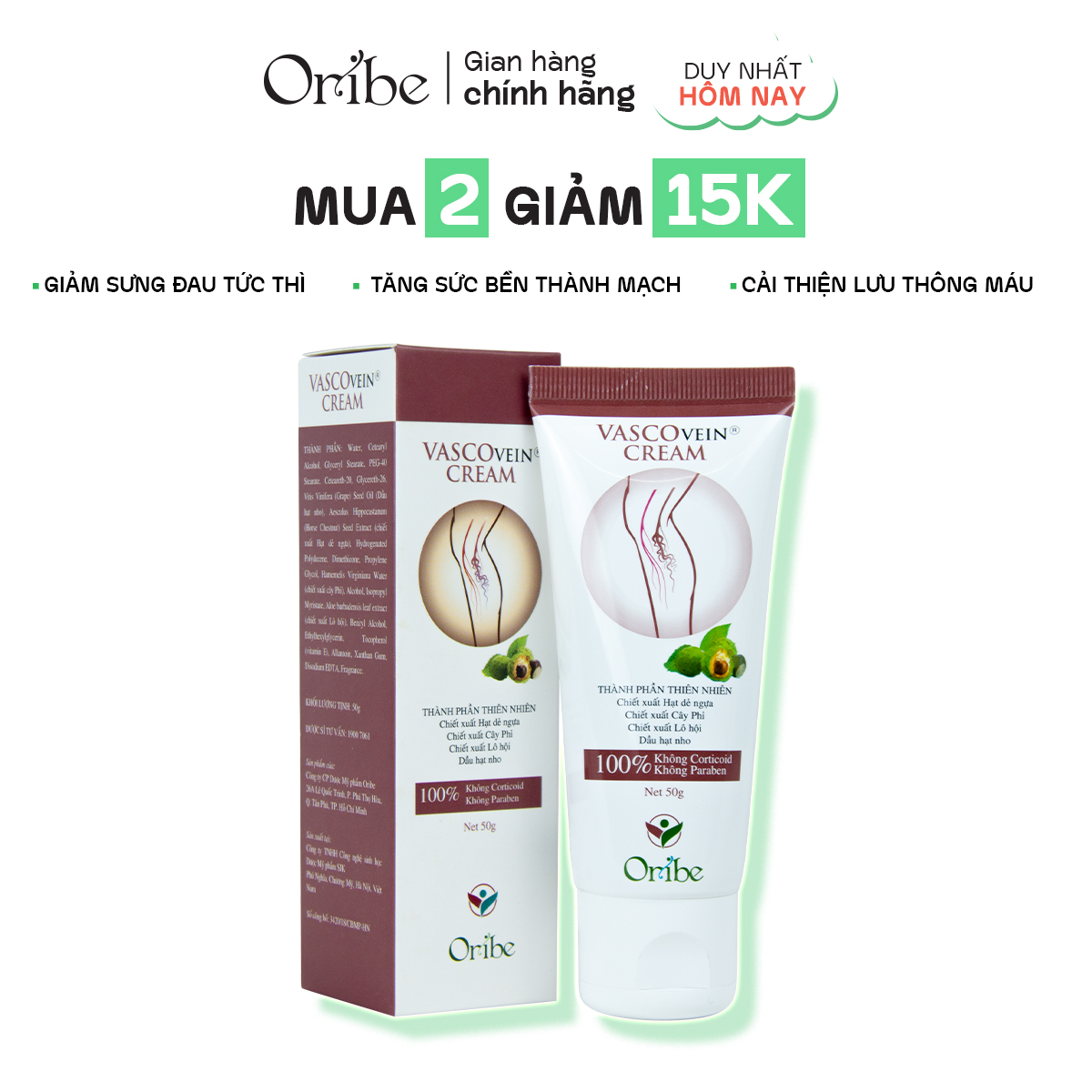 Kem Thoa Giãn Tĩnh Mạch Hỗ Trợ Giảm Đau, Sưng, Phù Chân Vascovein Tuýp 50G