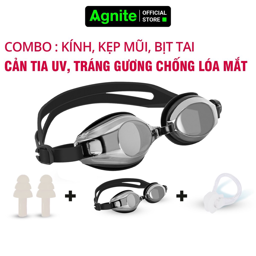 Kính Bơi Người Lớn Nam Nữ Chống Sương Mù Bảo Vệ Mắt Kèm Nút Tai Bịp Mũi Hộp Đựng Agnite - Dây Đeo Silicone Mềm Mại, Thoải Mái - Phù Hợp Cho Vận Động Viên Chuyên Nghiệp Hoặc Người Có Sở Thích Đi Bơi - Hàng Chính Hãng - Tráng Gương - Đen