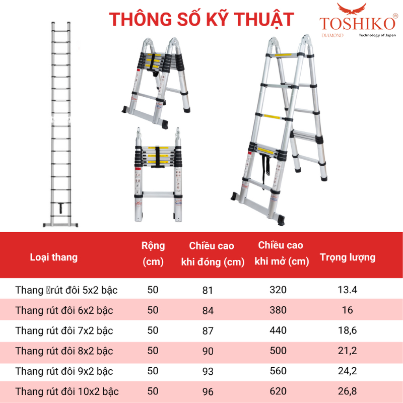 Thang Nhôm Đôi Rút Chữ A Toshiko Gấp Gọn 1m9m, 2m2, 2m5, 2m8, 3m2 Tải Trongj 150kg Bảo Hành 3 Năm