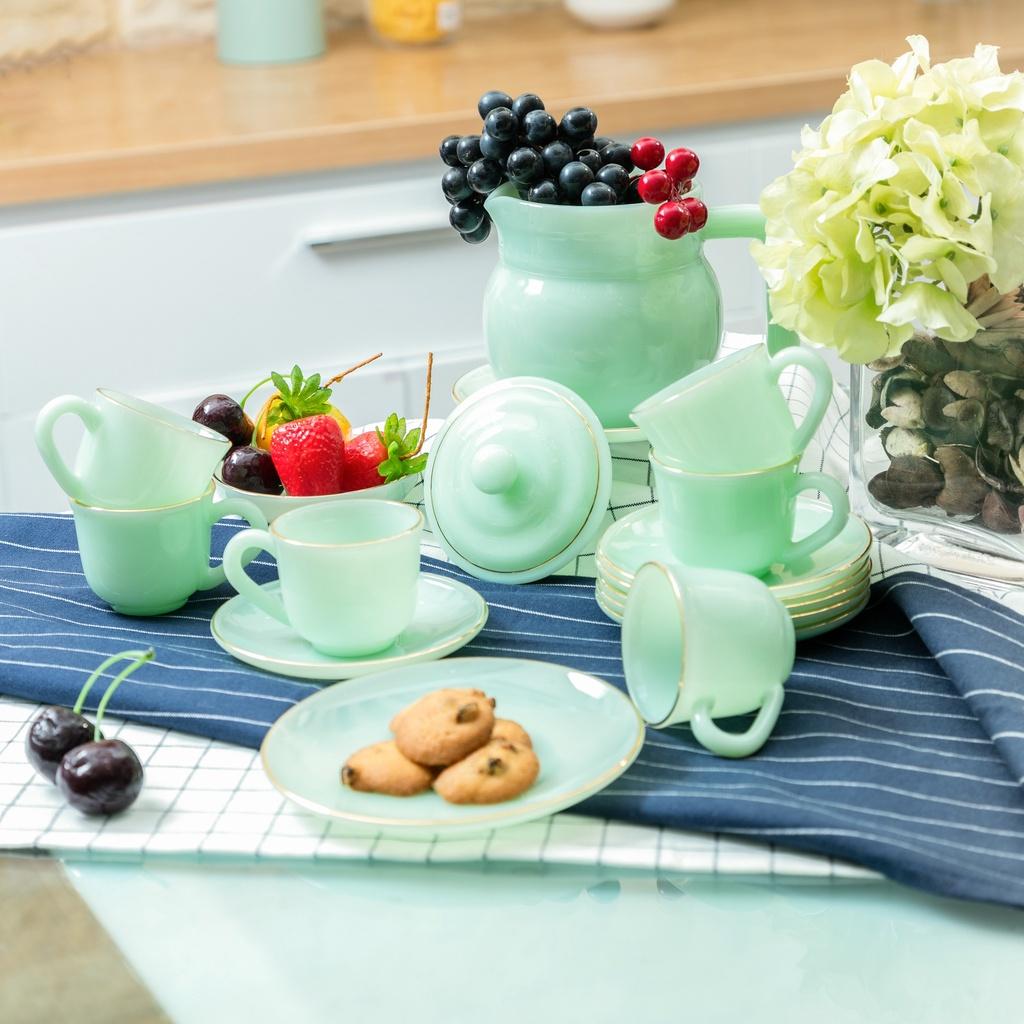 Bộ ấm tách trà thủy tinh ngọc Luxury USA Homeset màu xanh ngọc lục bảo