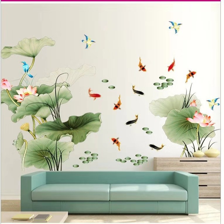 Decal dán tường Đầm sen và cá chép xanh mát