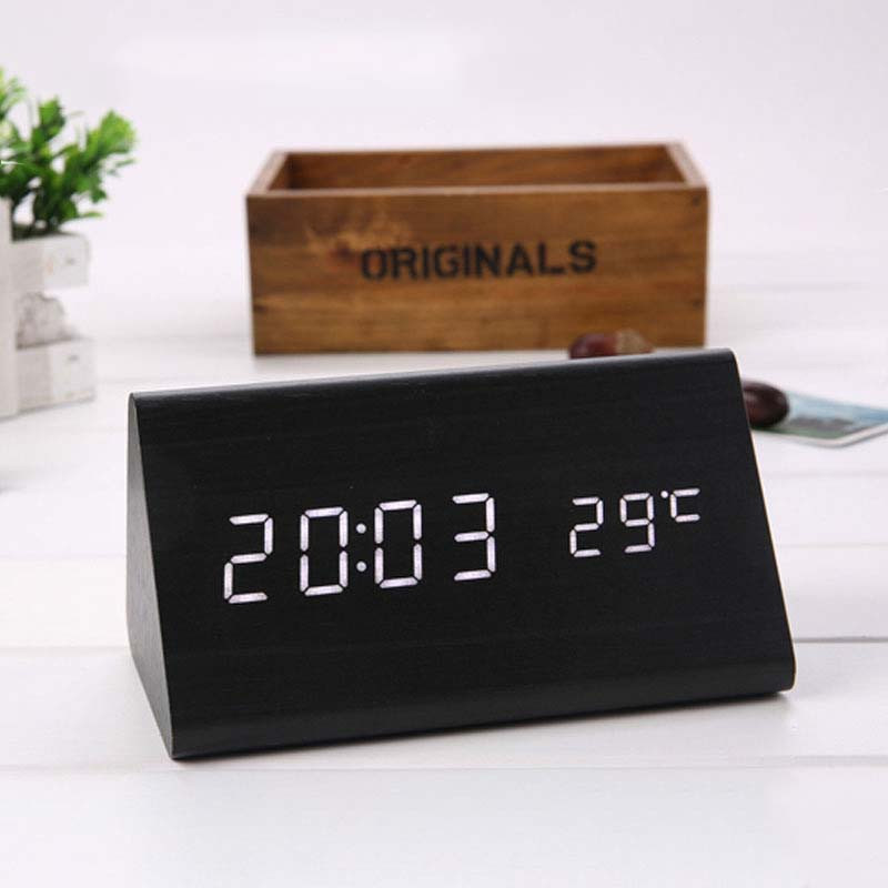 Đồng hồ gỗ FAKEN LED để bàn hình tam giác tiện dụng, đa chức năng trang trí phòng hiện đại - Tặng kèm pin.