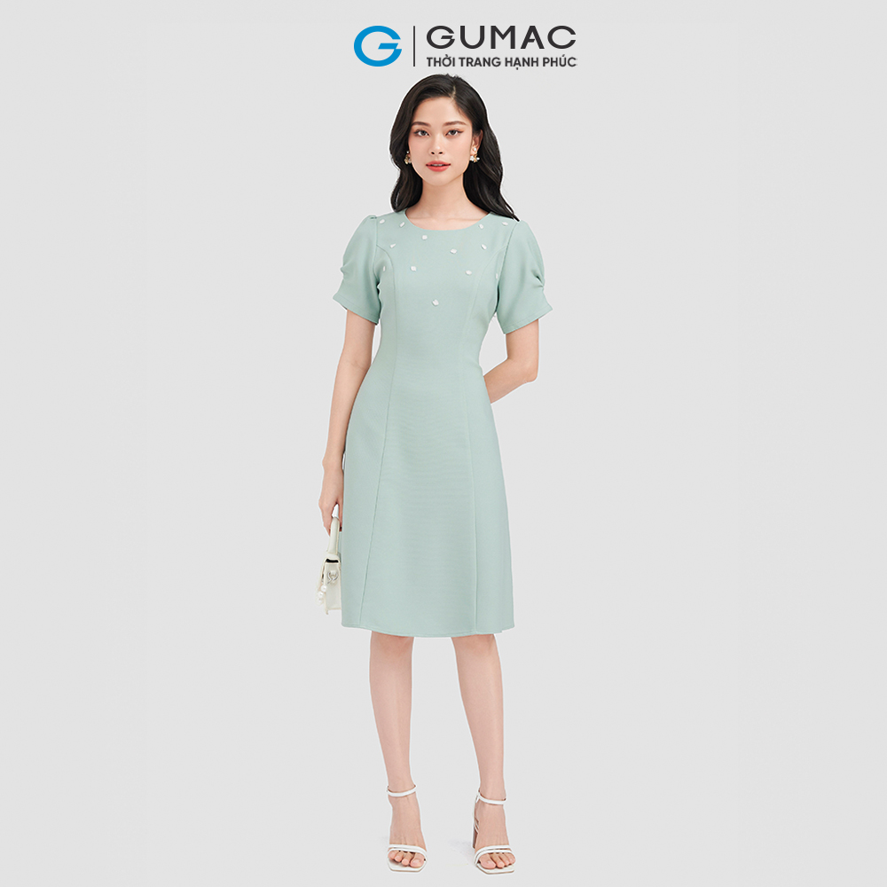 Đầm form A GUMAC DC08030 đầm cổ tròn đính hoa thêu 