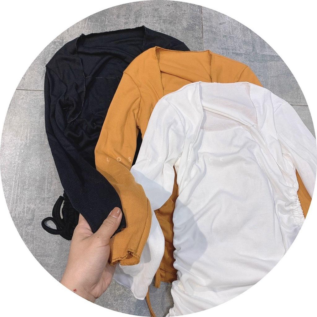 Áo kiểu cổ vuông tay dài 1 dây chéo ngực vạt bầu rút dây 2 bên cực hot , chất thun gân dày dặn - AO90