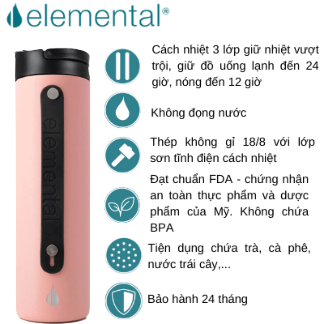 [Hàng chính hãng – Thương hiệu Mỹ] Bình giữ nhiệt Elemental Iconic sport màu hồng 590ml, giữ nhiệt vượt trội, inox 304, FDA Hoa Kì, An toàn sức khỏe, có ống hút