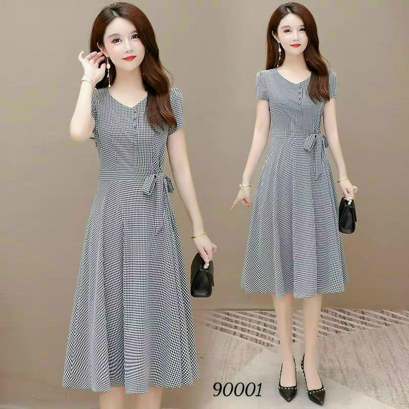 Đầm caro dài qua gối phối cột dây eo chất siêu đẹp
