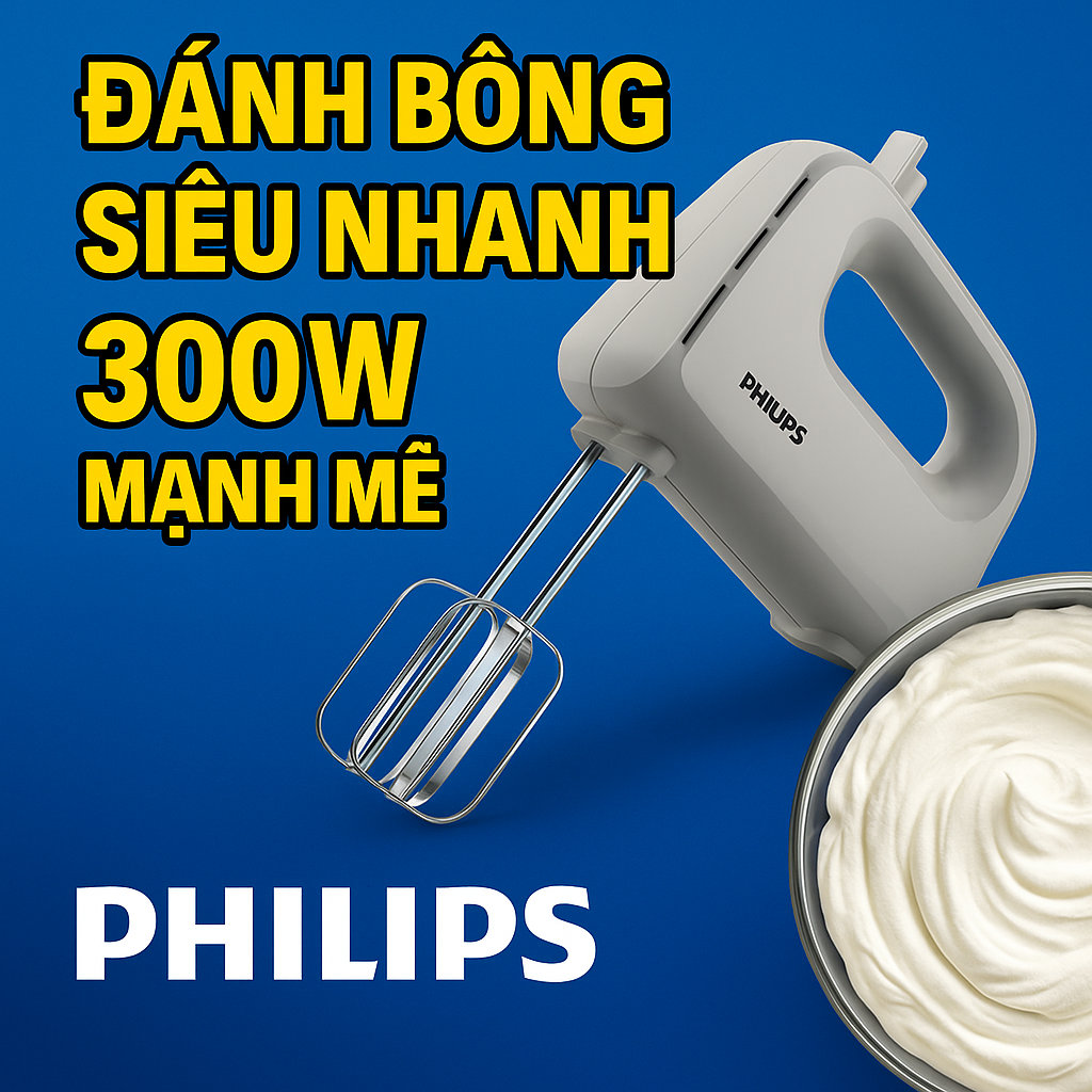 Máy đánh trứng cầm tay Philips HR3705/20 công suất 300W, bảo hành 2 năm - Hàng chính hãng