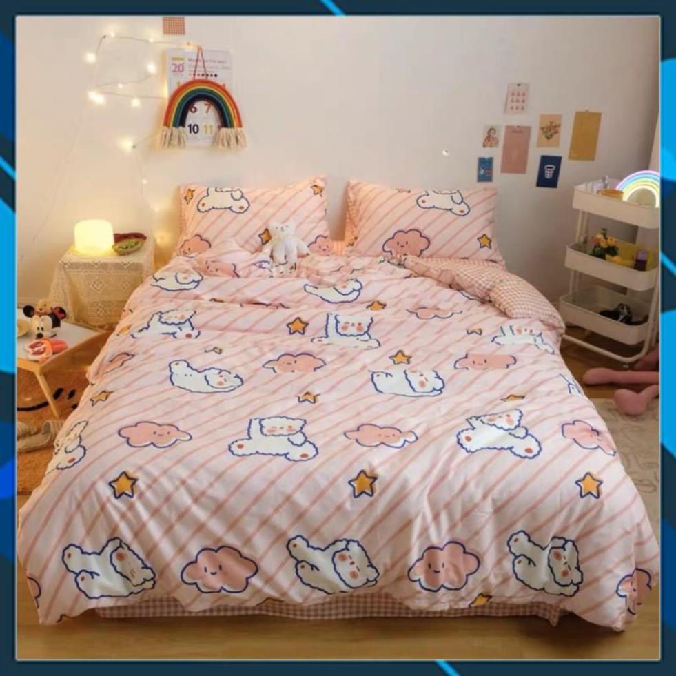 Bộ vỏ chăn ga gối Cotton Poly gấu hồng phối sọc, vỏ chăn mền, drap giường và 2 vỏ gối