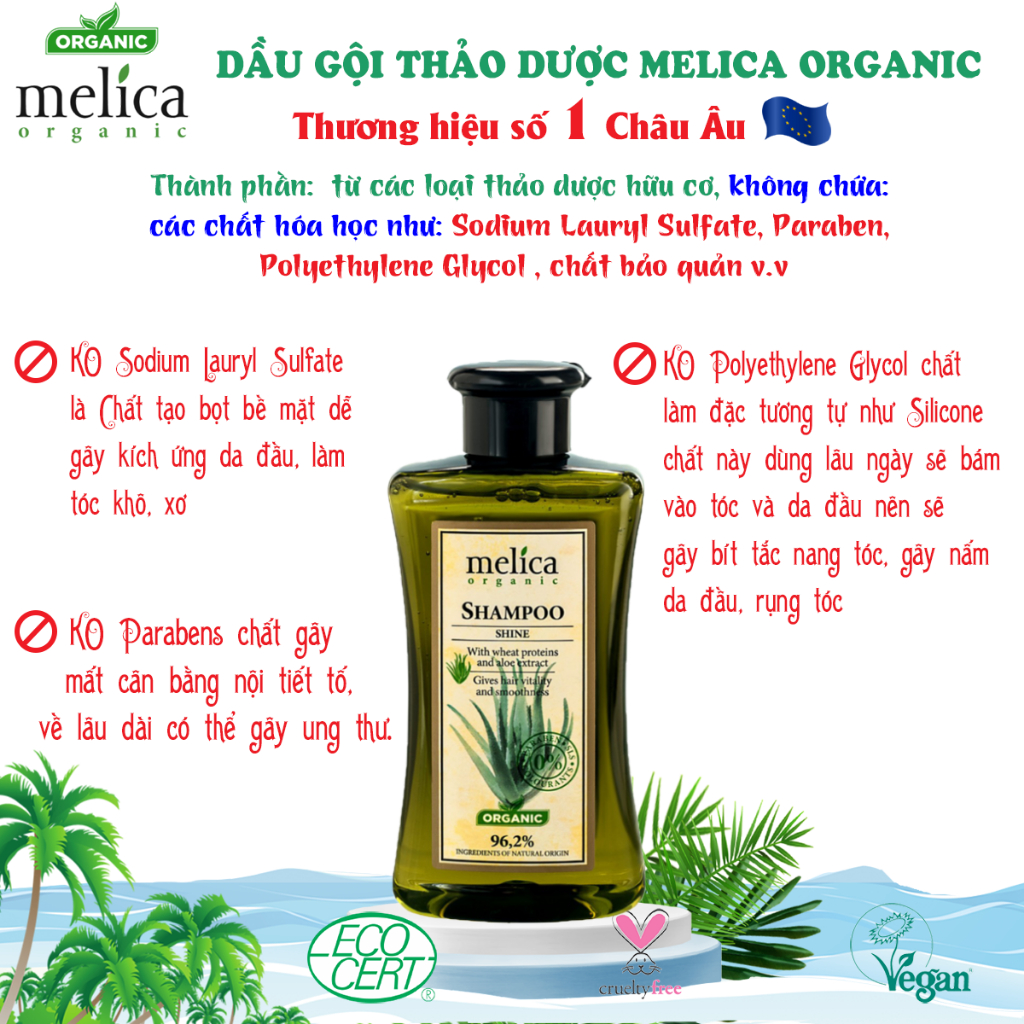 Dầu gội thảo dược hữu cơ cho da đầu nhạy cảm tóc chắc khỏe, suôn mượt, mềm mại Melica Organic 300ml nha đam