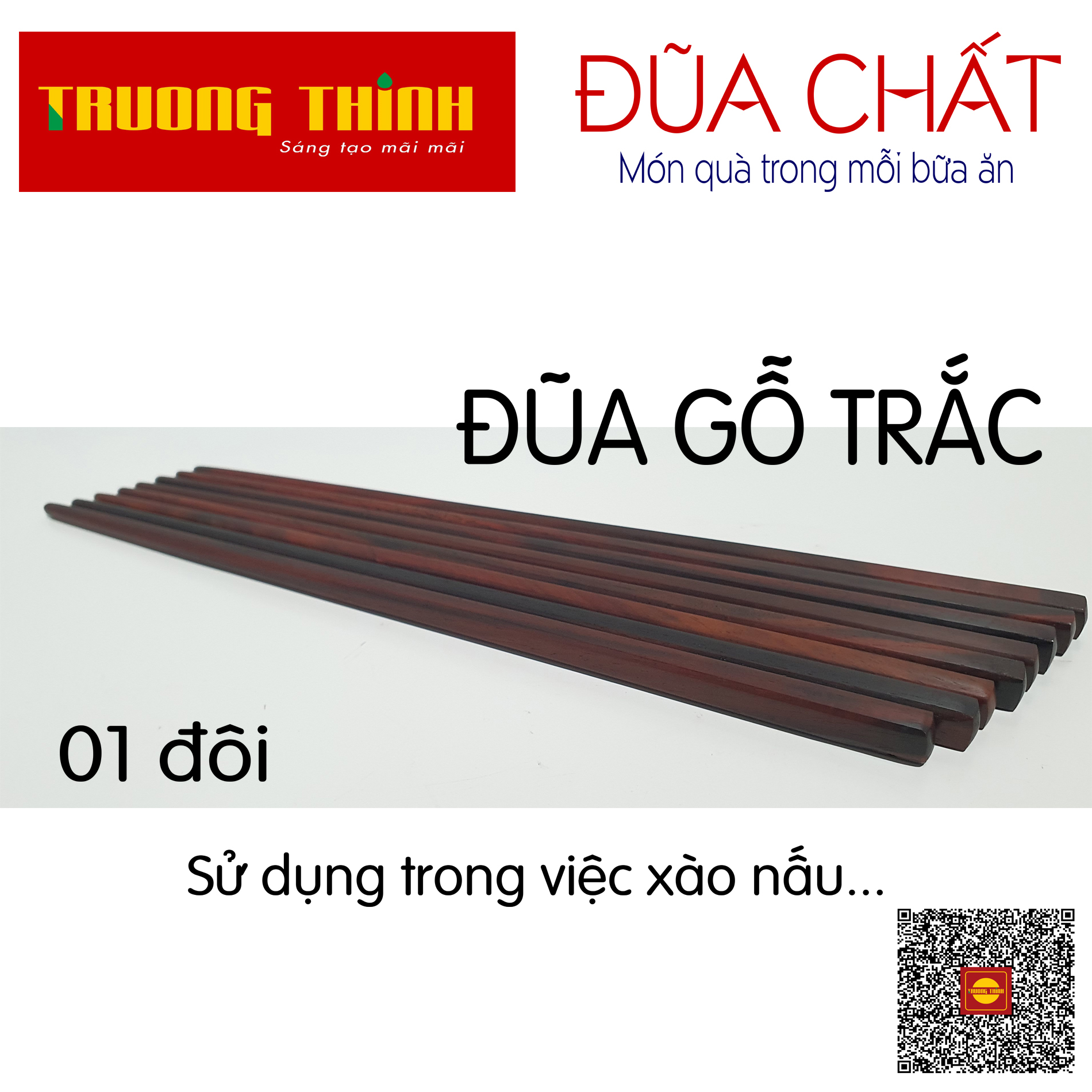 Đũa Xào Nấu Gỗ Trắc Trường Thịnh Sang Trọng Bền Đẹp Không Nấm Mốc - Dài 32 cm - 01 Đôi Vuông