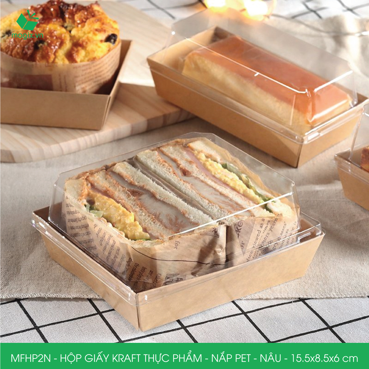 MFHP2N - 15.5x8.5x6 cm - 50 hộp giấy kraft thực phẩm màu nâu nắp Pet, hộp giấy chữ nhật đựng thức ăn, hộp bánh nắp trong