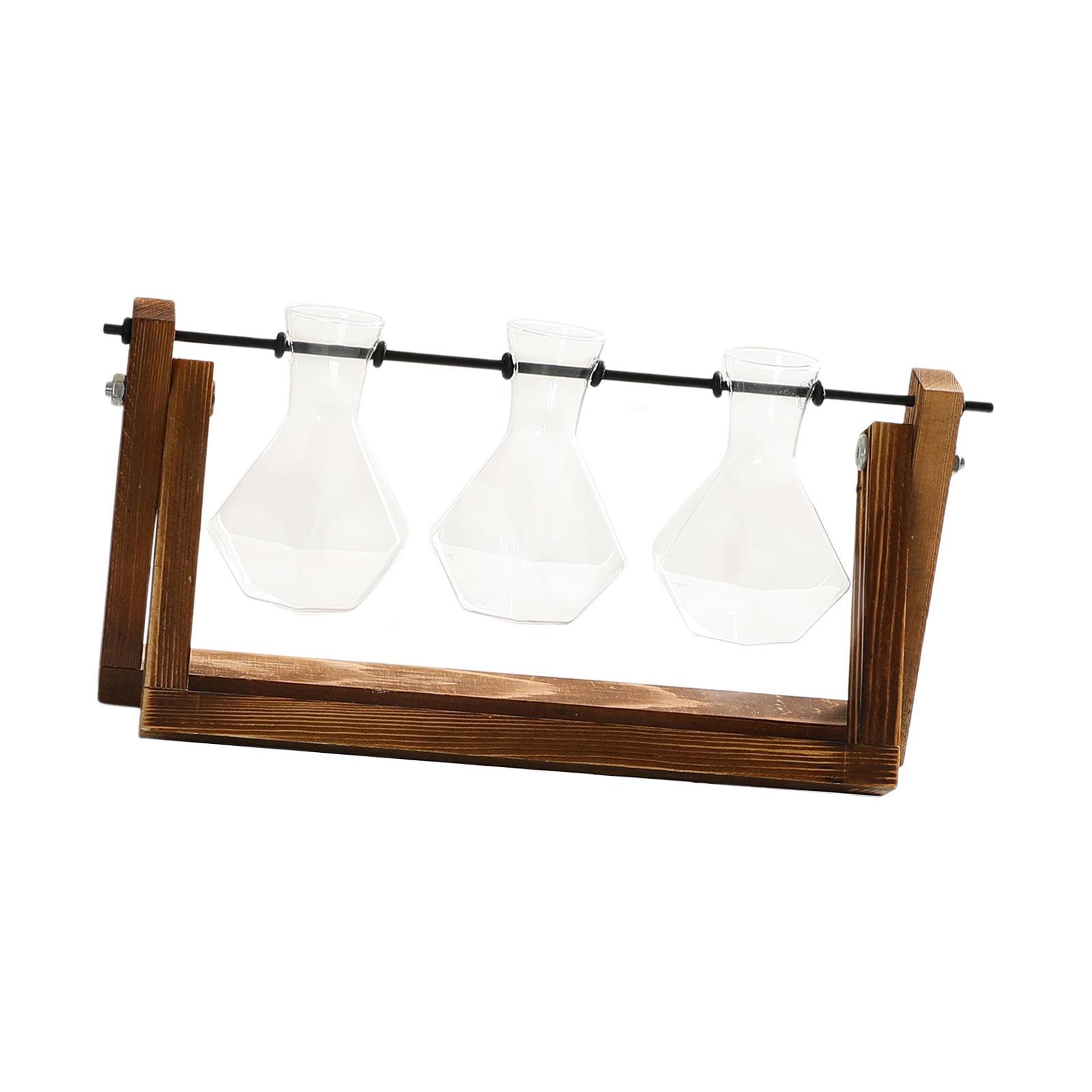 Glass Plant Terrarium Flower Bud Vase Hydroponics Wooden Rack Geometric Shelf