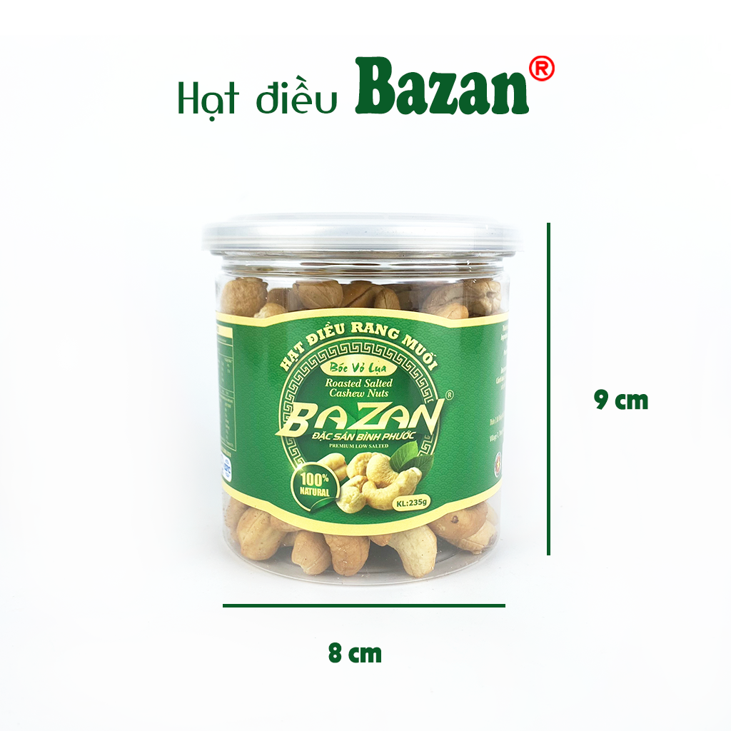 Hạt điều rang muối Bazan Bình Phước nguyên hạt dinh dưỡng A+ loại 1 hộp 235g nắp bật sạch vỏ lụa