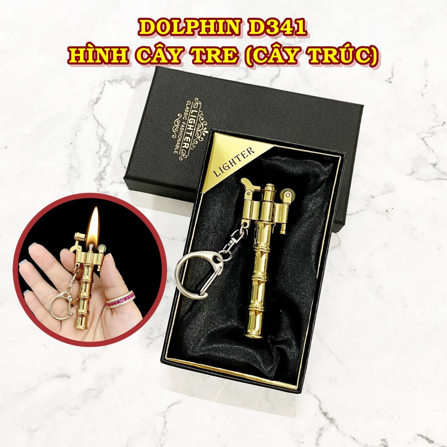 Hột quẹt bật lửa móc khóa DOLPHIN xăng đá cổ hình cây trúc D341 - xài xăng