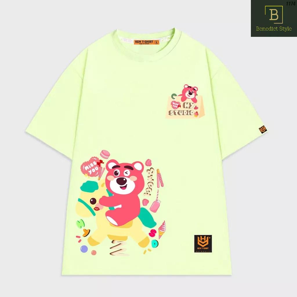 Áo thun tay lỡ unisex phom rộng in hình Gấu dâu cưỡi ngựa