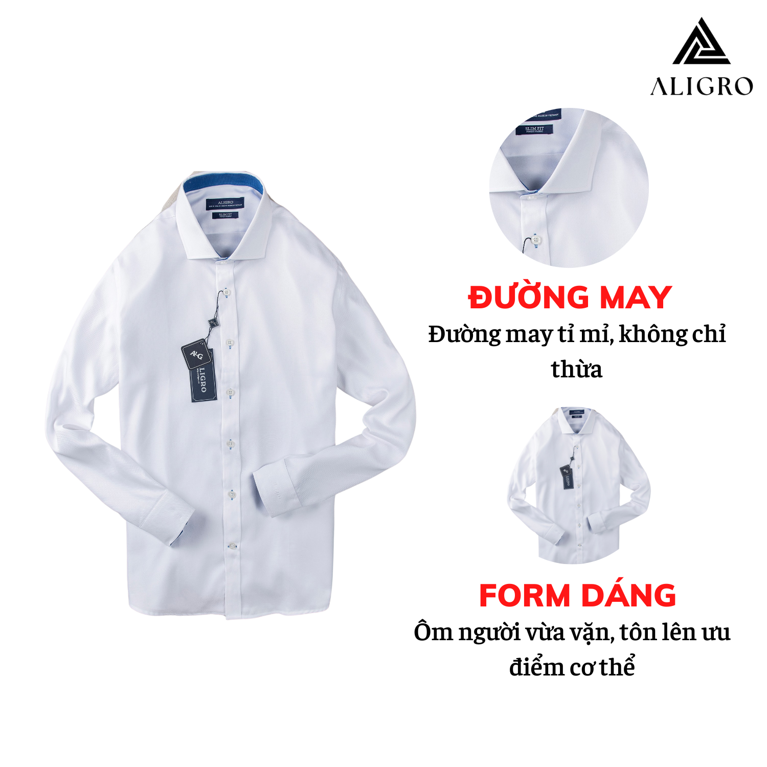 Hình ảnh Áo sơ mi nam dài tay ALIGRO 100% chất cotton cổ bẻ dáng ôm body, màu trắng phối cổ ALGS189