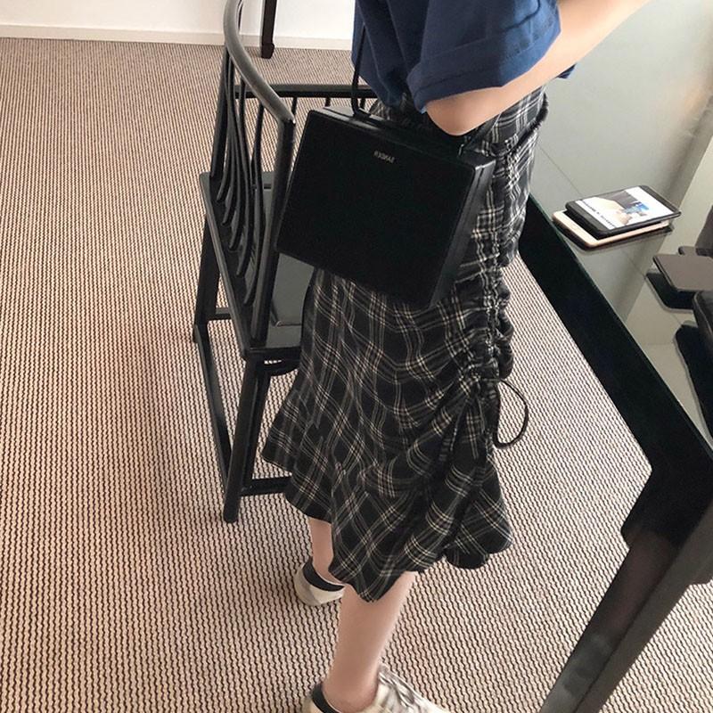 Women Summer Vintage High Waist Wild Plaid Print Skirt Casual Maxi Dress