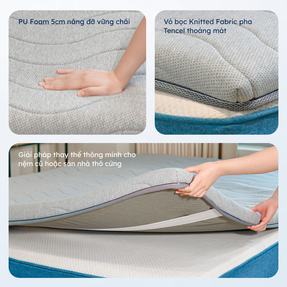 Nệm Trải Sàn Cao Cấp Foam Topper Mate Ru9 - Màu Xám | Lớp Foam Nâng Đỡ | 5 Kích Thước | 07 Ngày 1 Đổi 1