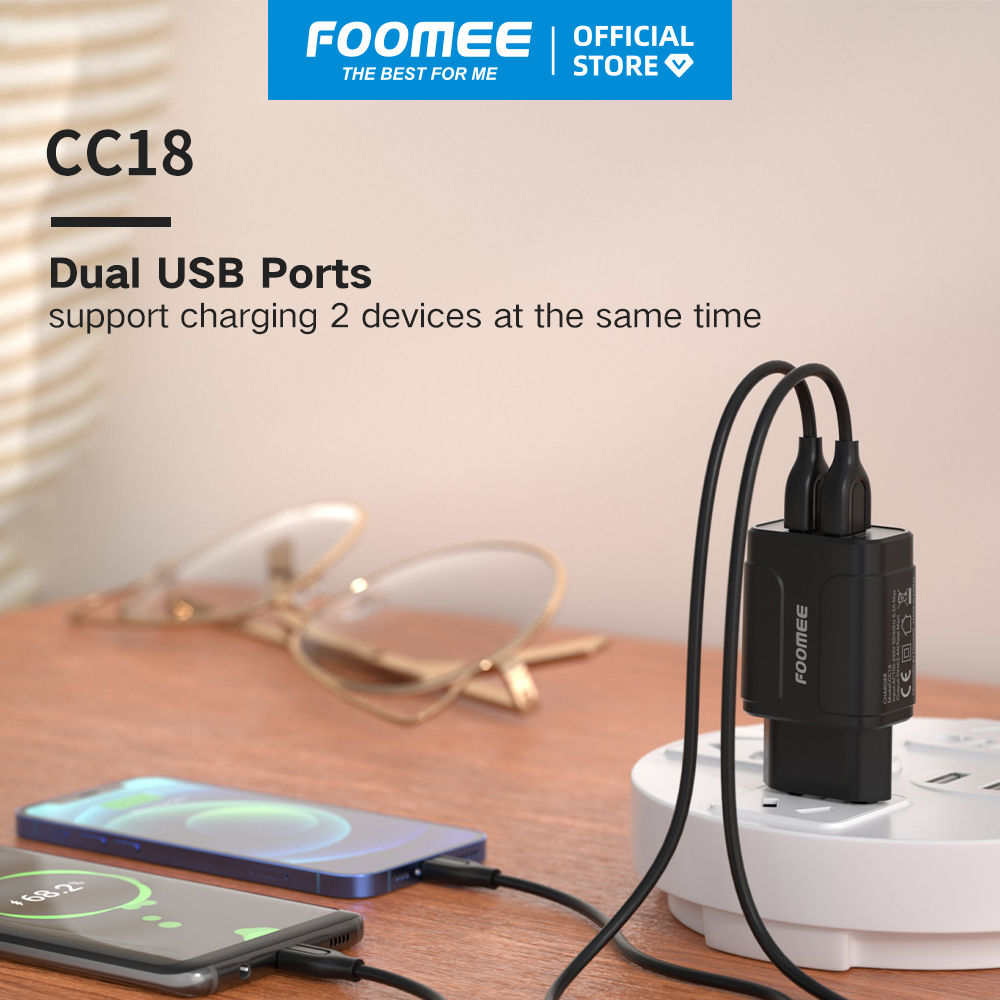 Bộ Củ+Cáp Sạc 2 Cổng USB Micro FOOMEE CC18 - Đen/Trắng - Sạc Nhanh 2.4A 2 Thiết Bị Cùng Lúc - Hàng chính hãng