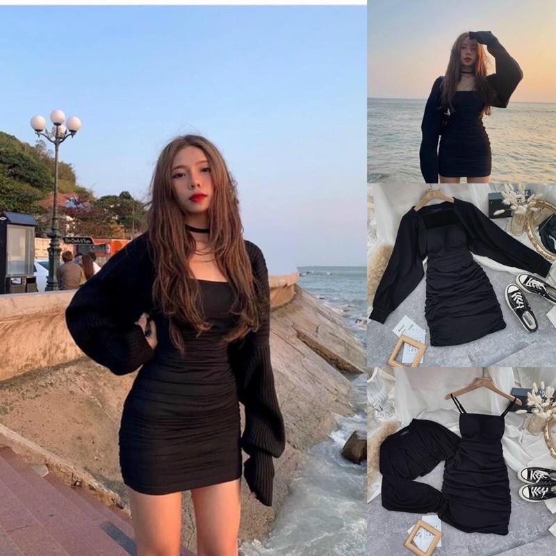 Set đầm 2 dây ôm body kèm khoác