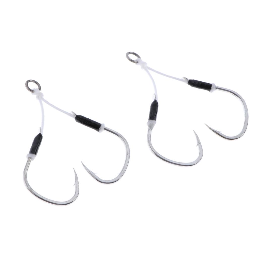 2 Pieces Carbon Steel Fishing Jig Hooks Barbed Assist Hooks with PE Line A