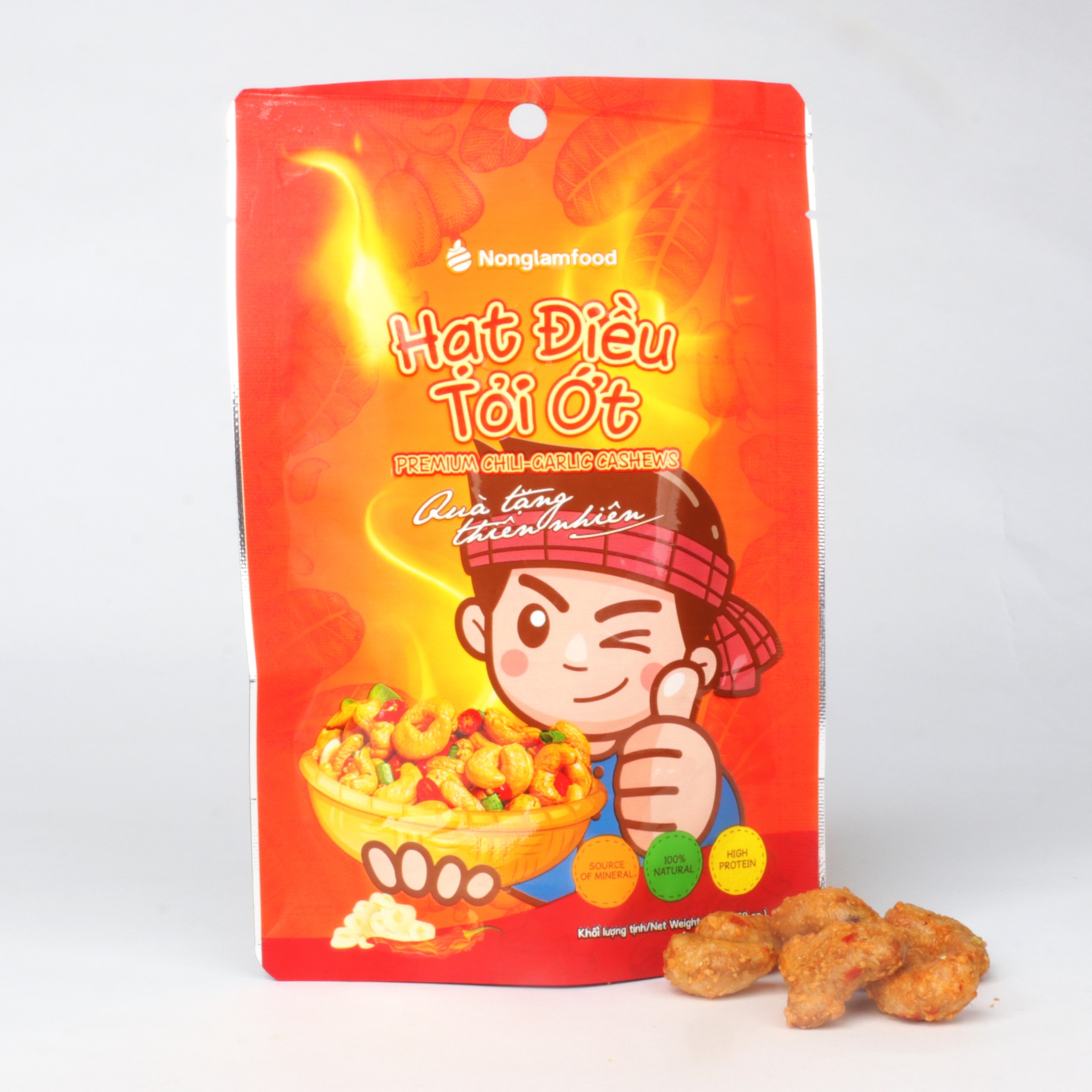 Hạt điều phủ vị phô mai, sầu riêng, tỏi ớt, wasabi Nonglamfood túi 45g | Đồ ăn vặt dinh dưỡng