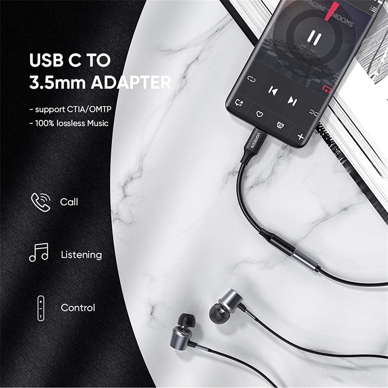 Ugreen UG70858AV142TK 0.1m dây dù đầu bọc nhôm màu đen Cáp chuyển usb type c sang 3.5mm - HÀNG CHÍNH HÃNG