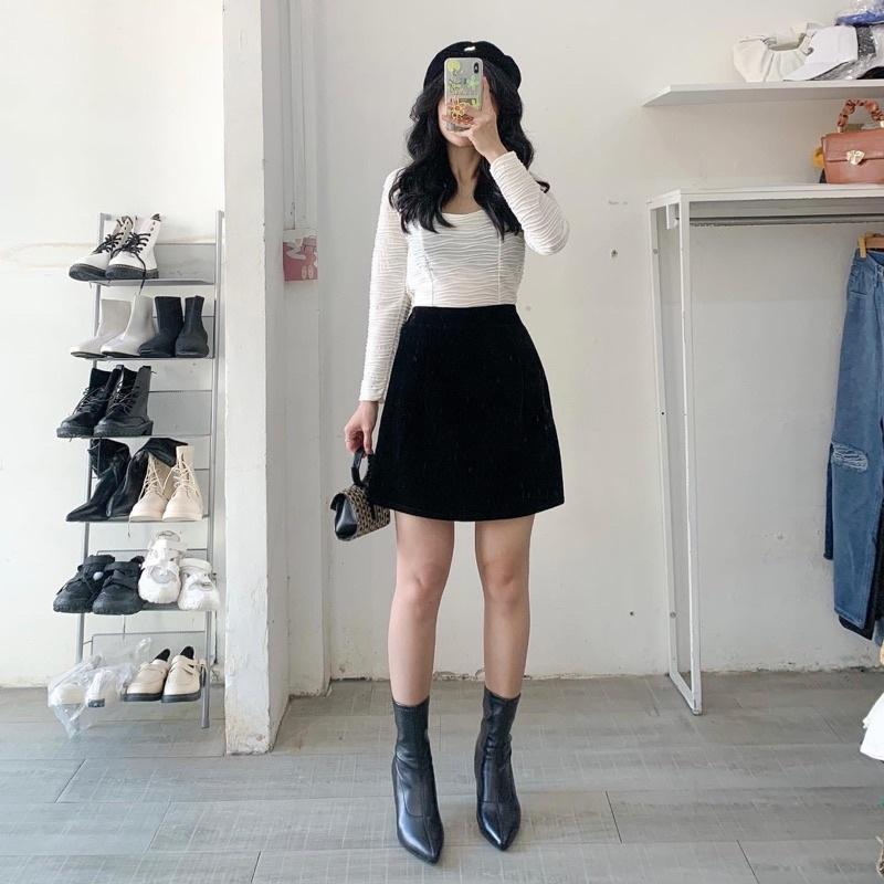 Set áo gân nổi chân váy nhung