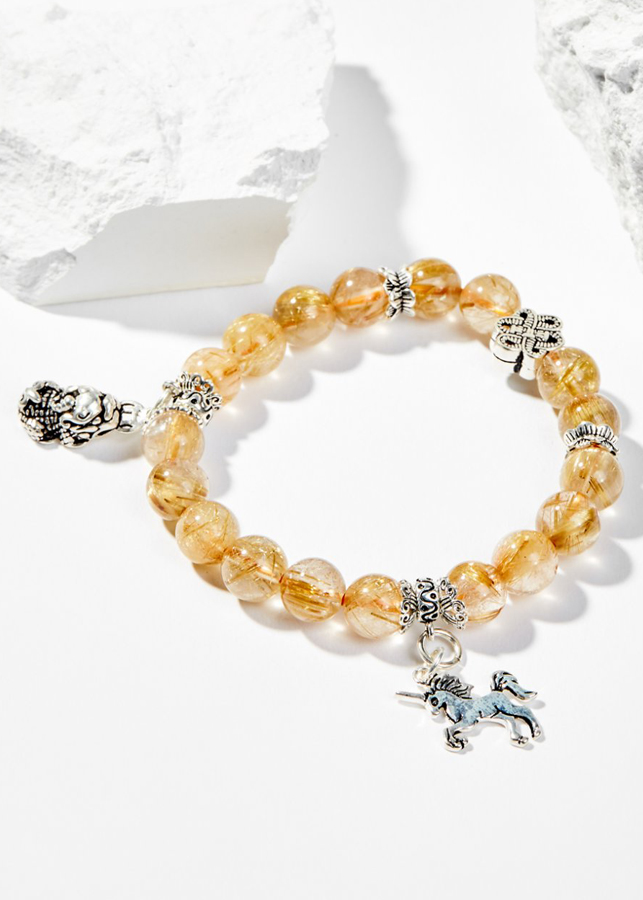 Vòng Tay Phong Thủy Nữ Đá Thạch Anh Tóc Vàng Phối Charm Tỳ Hưu & Kỳ Lân Bạc Mệnh Thổ, Kim Ngọc Quý Gemstones