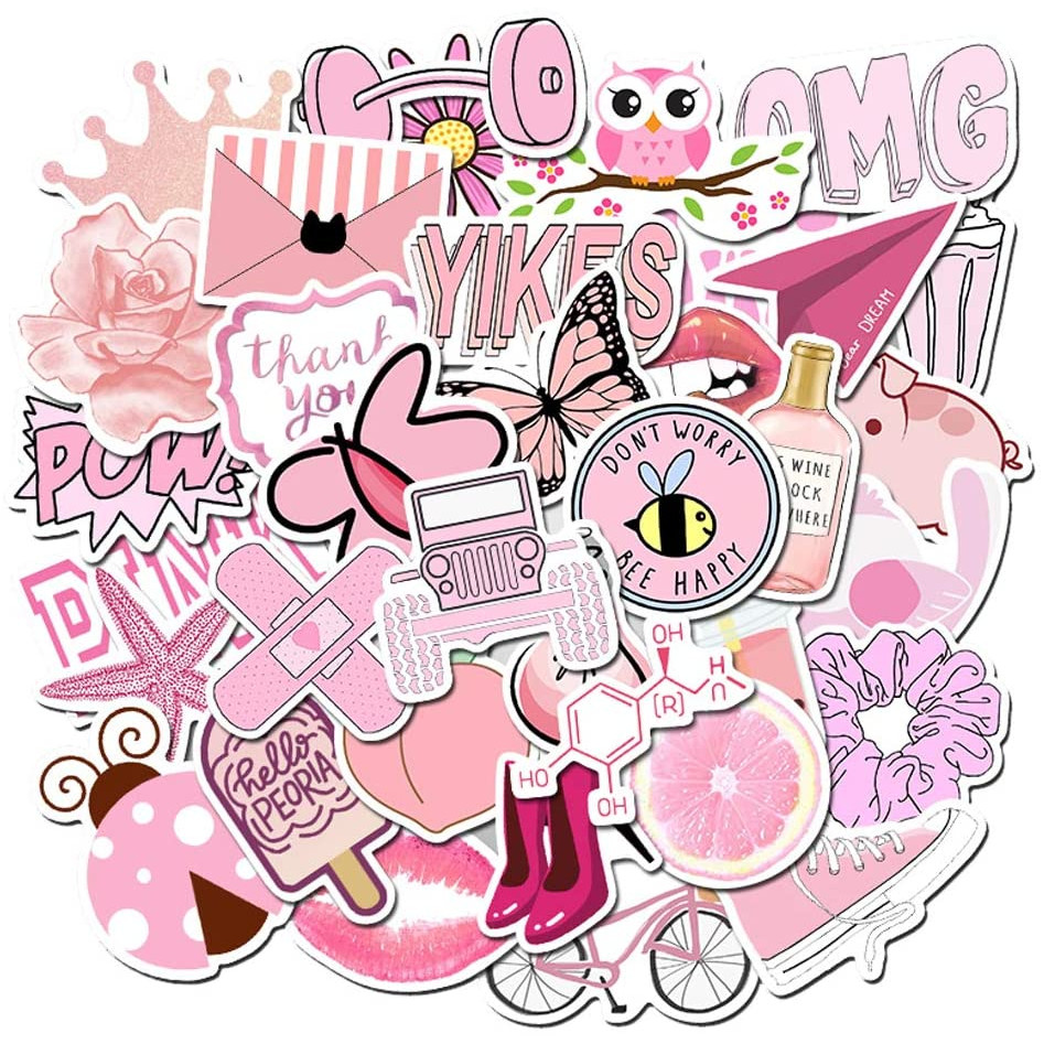 Set 60 sticker pink chủ đề màu hồng có ép lụa
