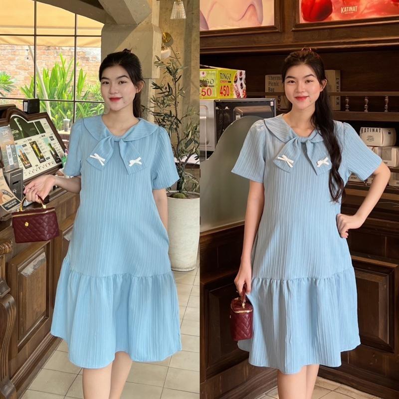 Đầm Bầu Phom Đuôi Cá Phối Cổ Thắt Nơ Chất Xốp Hàn, Nhẹ Mát, Dễ Chịu - Hồng