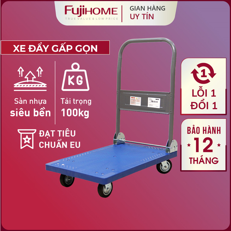 Xe đẩy hàng 4 bánh gấp gọn 100kg Nhật Bản Fujihome, bánh cao su không ồn, xe chở đồ kéo hàng xếp gọn đa năng platform hand truck