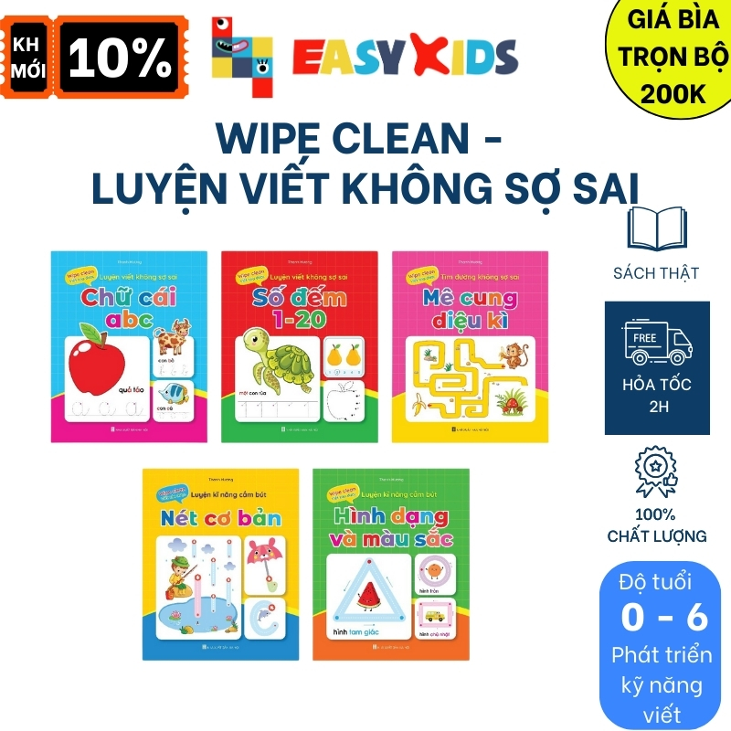 Sách - Bộ Vở Viết Xóa Được Wipe Clean Luyện Viết Không Sợ Sai ( Bộ 5 Cuốn) - Tặng Kèm 2 Bút