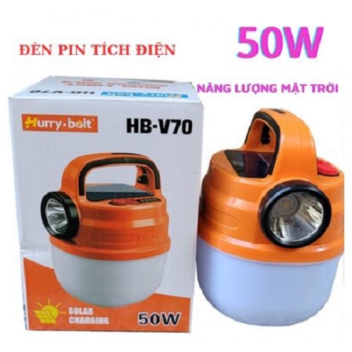 Bóng Đèn Tích Điện V70 50W Siêu Sáng Tích Hợp Đèn Pin Có Sạc Năng Lượng Mặt Trời, Đèn led đa năng đi vườn, cắm trại, picnic, đèn dự phòng khi cúp điện, đèn pin sạc USB