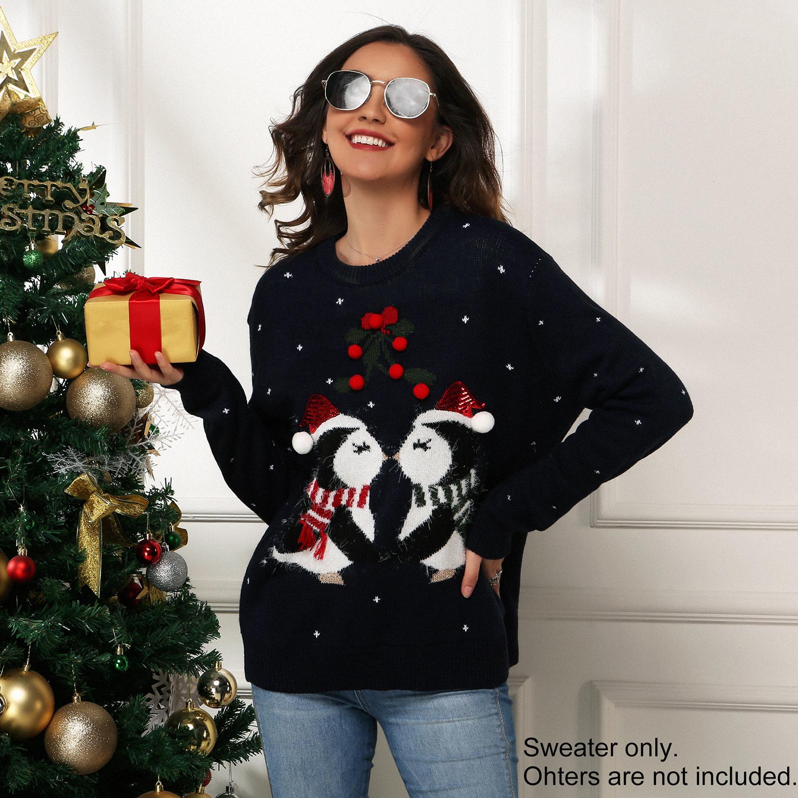 Fashion Women Winter Knitted Sweater Christmas Penguin O Neck Long Sleeve Loose Casual Pullover Knitwear