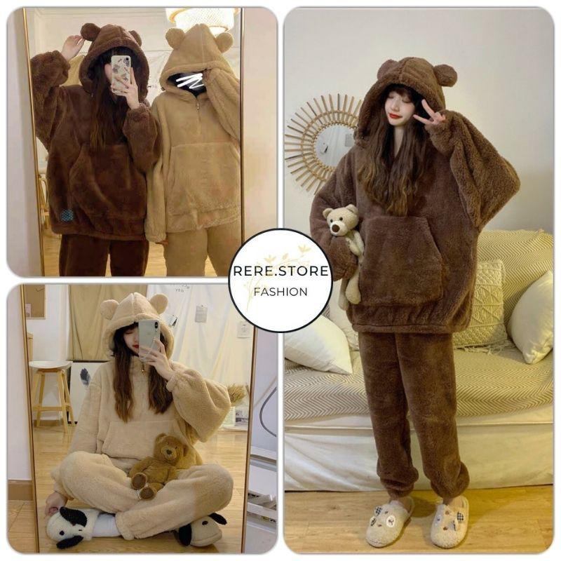 Set Nỉ Bông Cosplay Gấu Nữ - Rere.Store - Bộ quần dài dáng suông kèm áo hoodie tai gấu bánh bèo