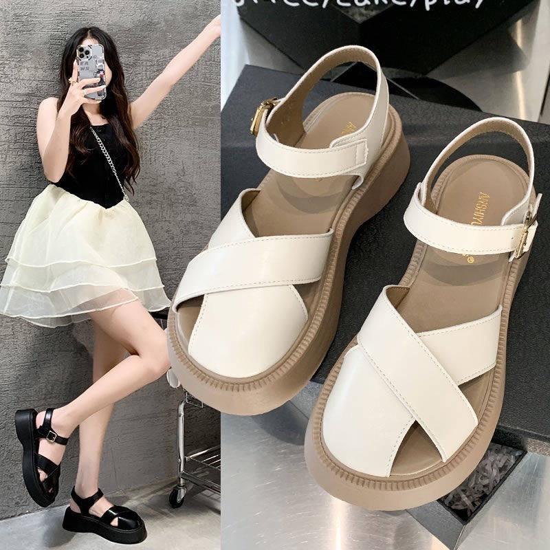 Giày sandal đế dày 4-5cm nâng chiều cao hở ngón phối quai chéo xinh xắn thời trang cho nữ