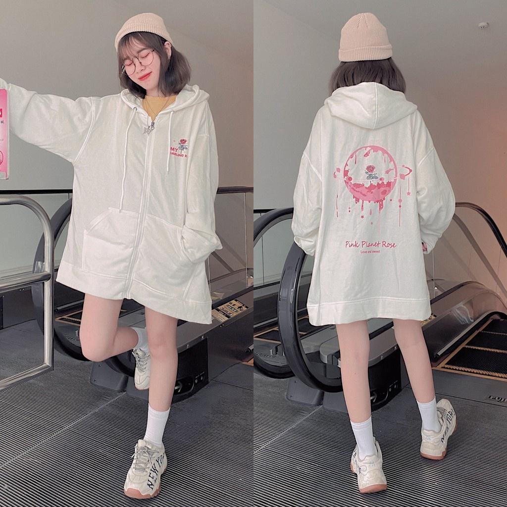 Áo Khoác Nỉ Bông PLANET ROSE Phối Dây Kéo Form Rộng Ulzzang