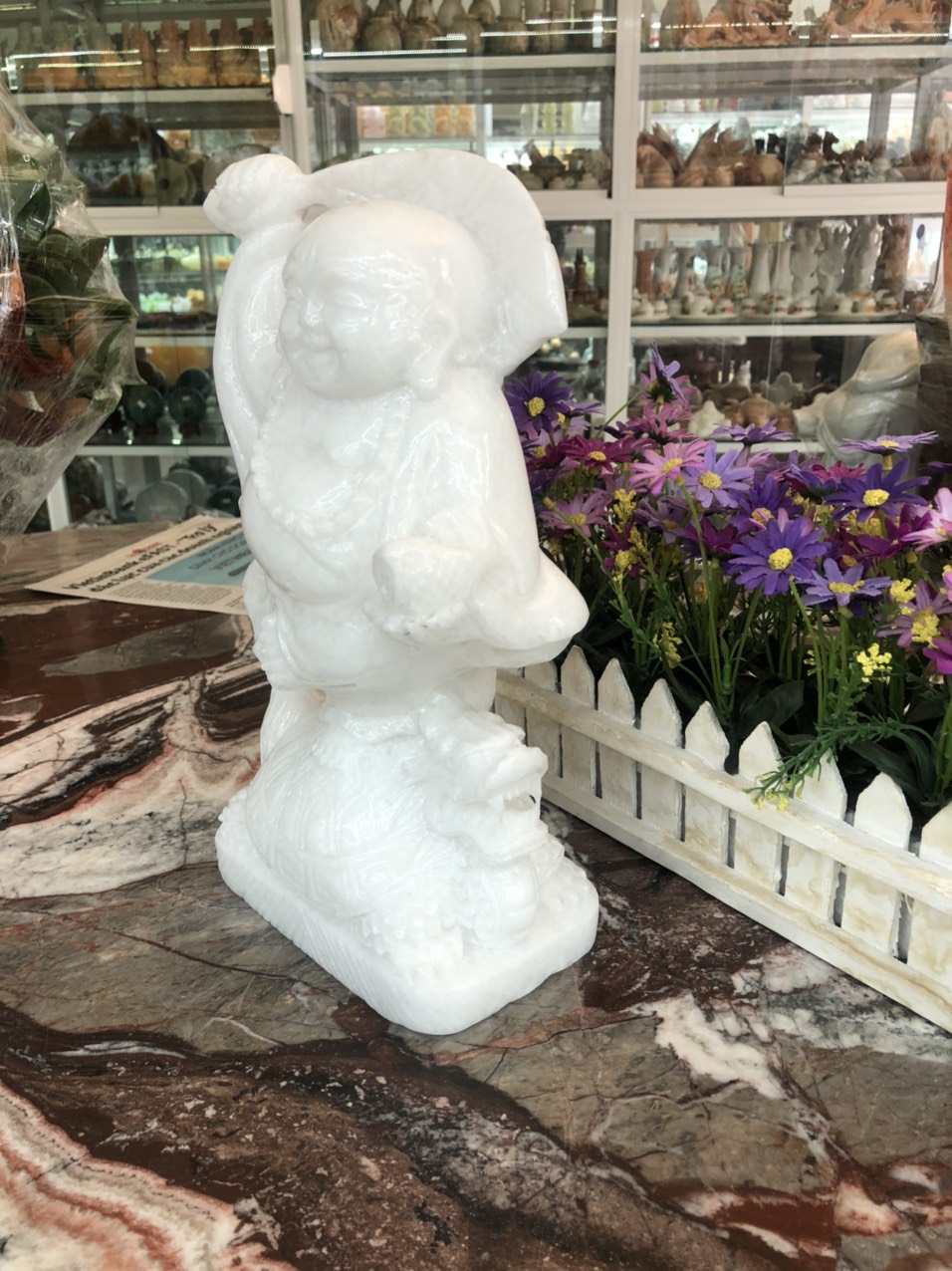 Tượng Phật Di Lặc cưỡi Long Quy phong thủy đá cẩm thạch trắng - Cao 30 cm
