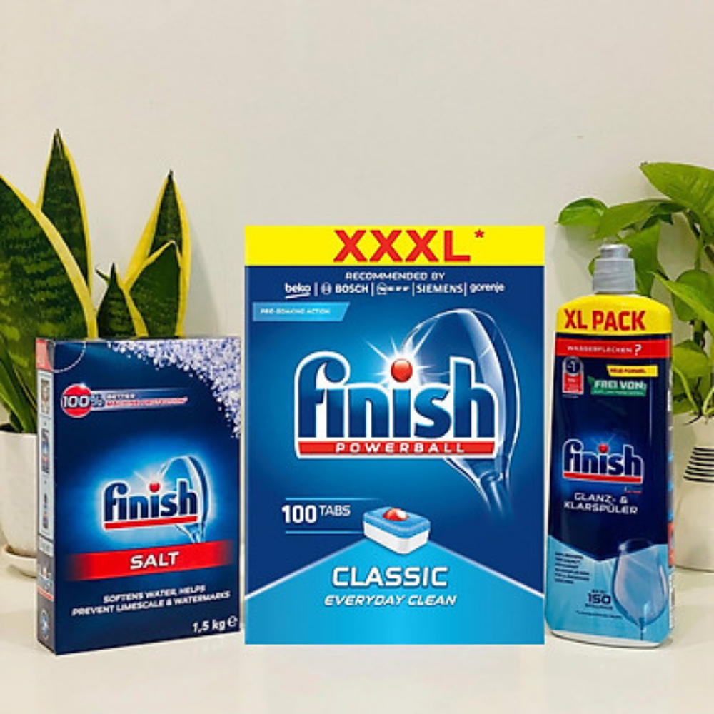 Combo viên rửa bát finish 100 viên+nước làm bóng finish 750ml+muối rửa bát finish 1,5kg dùng cho máy rửa bát