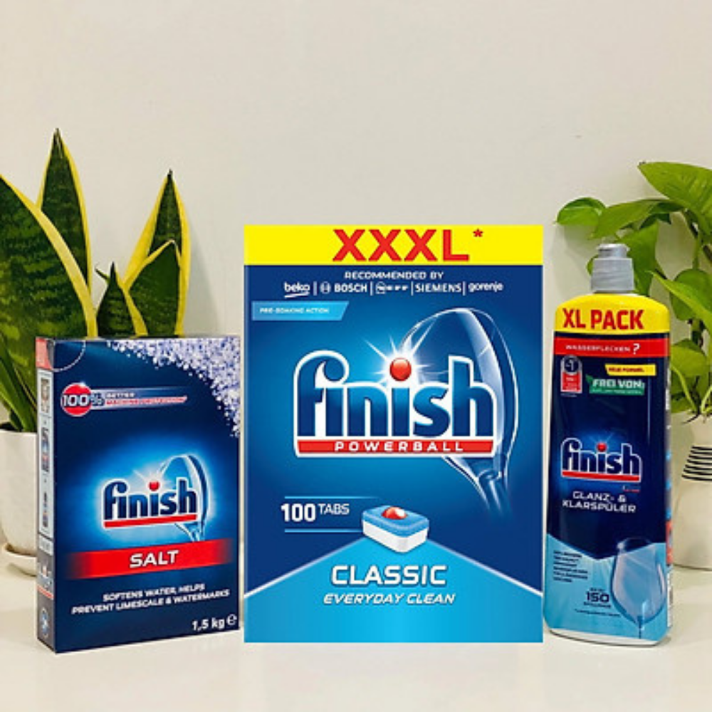 combo viên rửa bát finish 100 viên+nước làm bóng finish 750ml+muối rửa bát finish 1,5kg dùng cho máy rửa bát