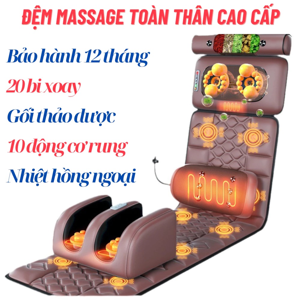 Đệm Massage Toàn Thân GDV Kèm Gối Xông Thảo Mộc, Massage Cổ Vai Gáy và Massage Chân thảm ghế mát xa rung, làm ấm, dụng cụ phục hồi sức khoẻ - Hàng Chính Hãng