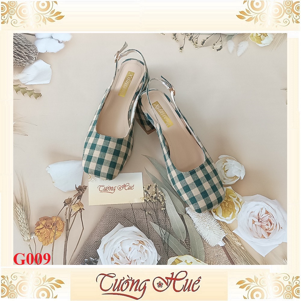 Giày Cao Gót Mũi Vuông Họa Tiết Caro Gót Vuông Cao 4CM - Hàng Quảng Châu